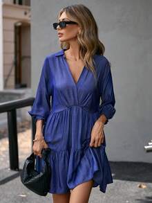 GENKIRA 时尚百搭褶皱 3/4 袖 褶皱袖口 设计 办公室休闲 教师 及膝连衣裙 - 藍色 - 查看 4