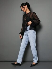 WESTFADE 透明圆点网眼立领蝴蝶结前褶饰荷叶边长袖上衣，适合女性秋季可爱上衣，适合返校、秋季、冬季、外出、休闲可爱波西米亚风上衣 - 黑色 - 查看 8