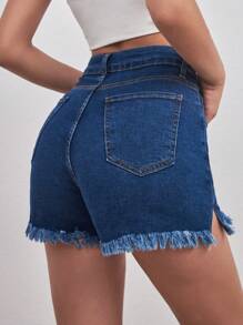 SHEIN Cottnline شورت ميني مع تفاصيل شق الهيم الخام - أزرق متوسط - مشاهدة 2