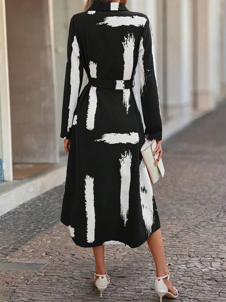 SHEIN Clasi Vestido camisero de mujer con estampado gráfico y cinturón, estilo maxI - Blanco y Negro - Añade 2