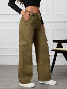 SHEIN Essnce Women's Cargo Pockets Wide Leg Loose Casual Denim Jeans