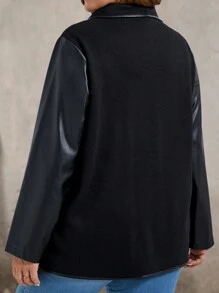 SHEIN LUNE Plus Size Casual PU Patchwork Turn-Down Collar Jacket, Autumn, For Winter - Black - View 2