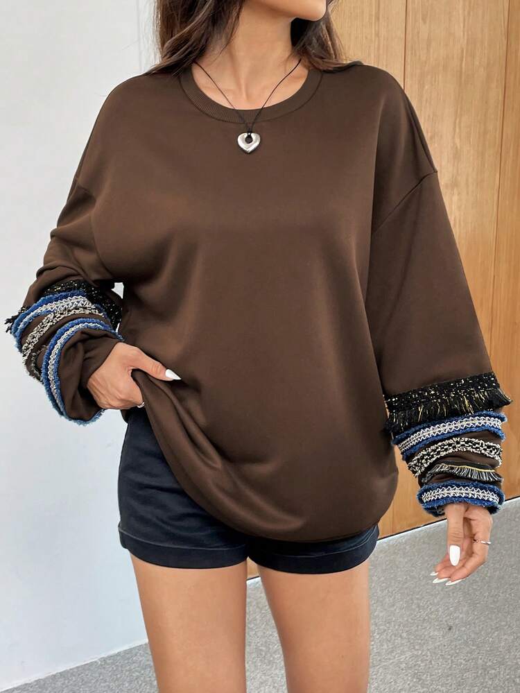 SHEIN EZwear Áo nỉ chui đầu thường ngày viền bèo nhún màu tương phản cổ điển - màu nâu - Xem 5