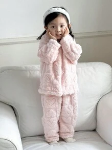 SHEIN Baby Girls Heart Fleece Jacket & Bib Pants Set, Warm & Comfortable Outfit For Outdoor Winter - Pink - View 5