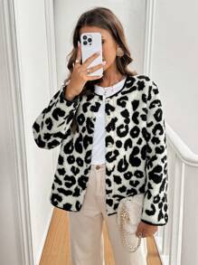 SHEIN Frenchy Women's Simple Leopard Print Long Sleeve Regular Jacket, Autumn/Winter,Autumn And Winter Warm Round Collar Leopard Print Jacket,Winter Women Coat,Teddy Coat,Flannel Jacket Fleece Jacket Fall Women Jackets Cheetah
