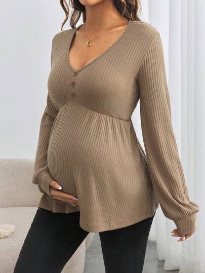 SHEIN Maternity Button Down V-Neck Loose Long Sleeve T-Shirt