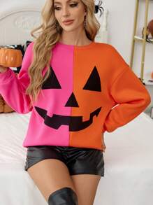 SHEIN Essnce 女士秋季休闲时尚热粉色与热橙色拼色印花圆领长袖运动衫、南瓜万圣节运动衫、超大码衣服 - 彩色 - 查看 3