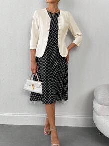 SHEIN LUNE 2pcs Women's Polka Dot Print Sleeveless Dress And Solid Color Coat Set - Multicolor - View 6