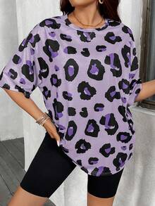 SHEIN LUNE Plus Size Leopard Print Animal Pattern Basic Casual Khaki T-Shirt - Purple - View 3
