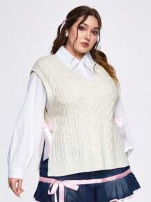 ROMWE Kawaii Plus Size Casual Bow-Tied Braided Knitted Vest