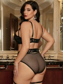 Seduluxe Talla grande Set de lencería con encaje floral con aro con liga - Negro - Ver 2