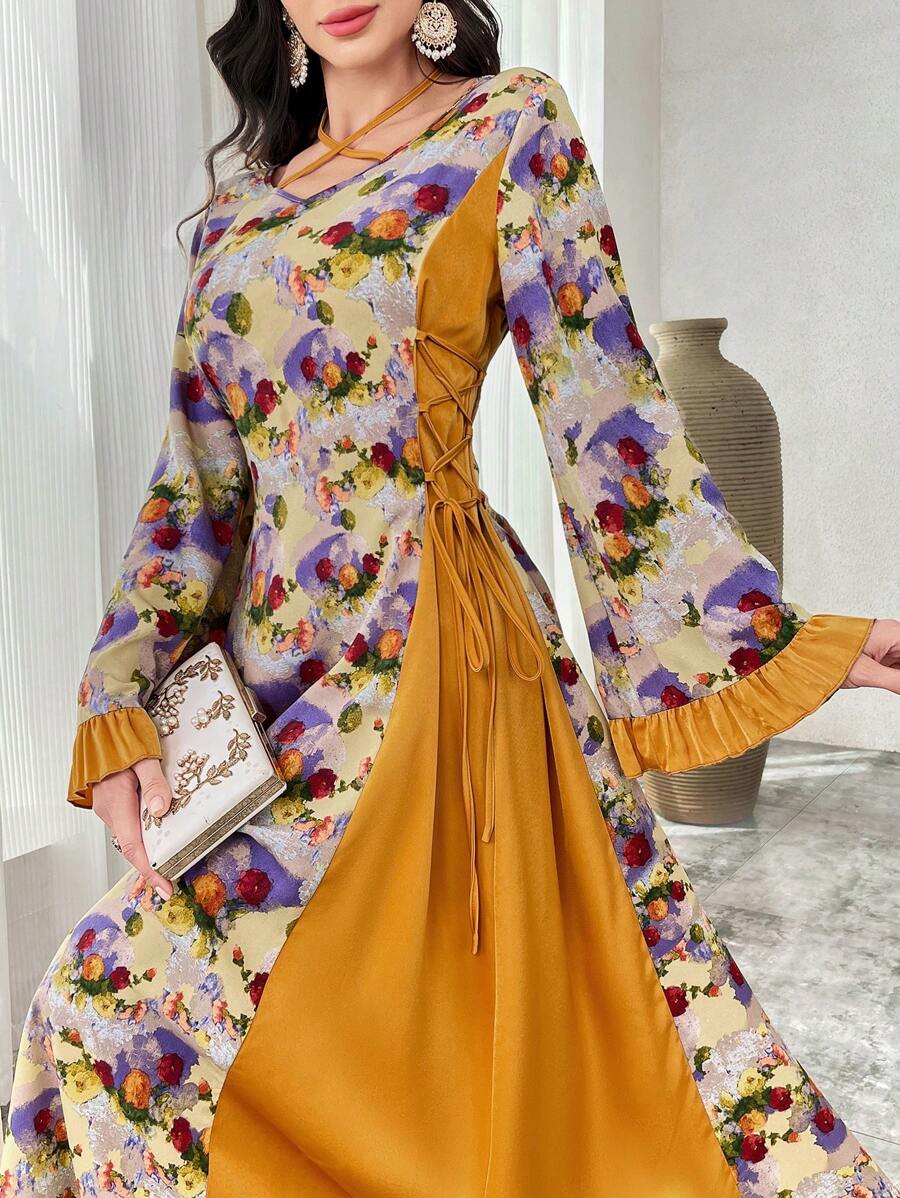Al Najma Váy dài tay Ả Rập họa tiết hoa và trơn dành cho nữ, váy kaftan Jalabiya dài đến đầu gối, phong cách thanh lịch giản dị cho trang phục thường ngày/công sở/ngày lễ/tiệc tối/khách dự tiệc cưới - Nhiều màu - Xem 1