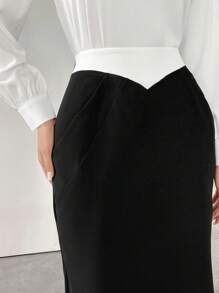 Modelyn Women's Black & White Patchwork Pleated Slimming Pencil Skirt - Black and White - View 5