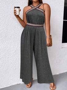 SHEIN Clasi Plus Size Graphic Print Tube Top Jumpsuit For Casual Vacation - Dark Grey - View 1