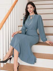 DAZY Bộ 2 áo hở vai và váy đuôi cá cho nữ, bèo nhún - Màu xanh lam - Xem 3