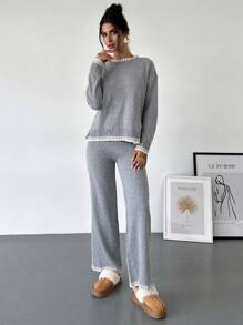 Firerie 2pcs Women's Contrast Trim Loose Pullover Sweater + Pants Casual Homewear Set, Fall And Winter, Casual, Longsleeve
