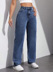 SHEIN EZwear Women's Straight Loose Casual Pocket Jeans - Blue - View 5