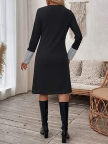 SHEIN LUNE 女式春夏格纹 V 领长袖纽扣装饰休闲连衣裙 - 彩色 - 查看 2