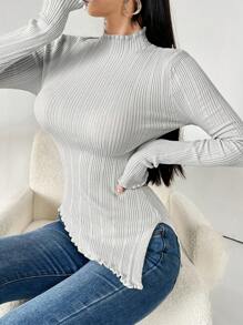 Modelyn 女士纯色立领不对称下摆毛衣，春秋季针织套头衫，秋冬季 - 淺灰色 - 查看 4