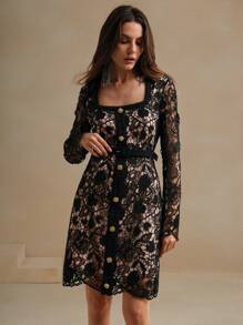 Anewsta Women's Water-Soluble Lace Square Collar Waist-Cinched Bodycon Dress - Black - View 4