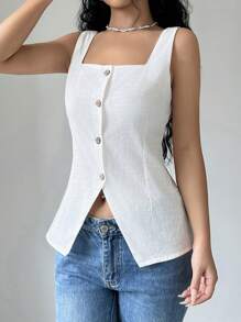 Elenzga Women's Summer White Square Neck Coconut Button Front Tank Top - White - View 4