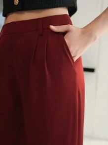 MOTF SOLID FOLD PLEATED SLANT POCKET WIDE LEG SUIT PANTS WITHOUT BELT - Burgundy - View 3