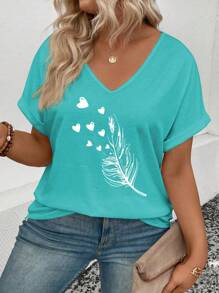 EMERY ROSE Women Plus Size V-Neck Ruffle Feather Heart Print Casual T-Shirt Graphic Tees Women Tops - Blue - View 6