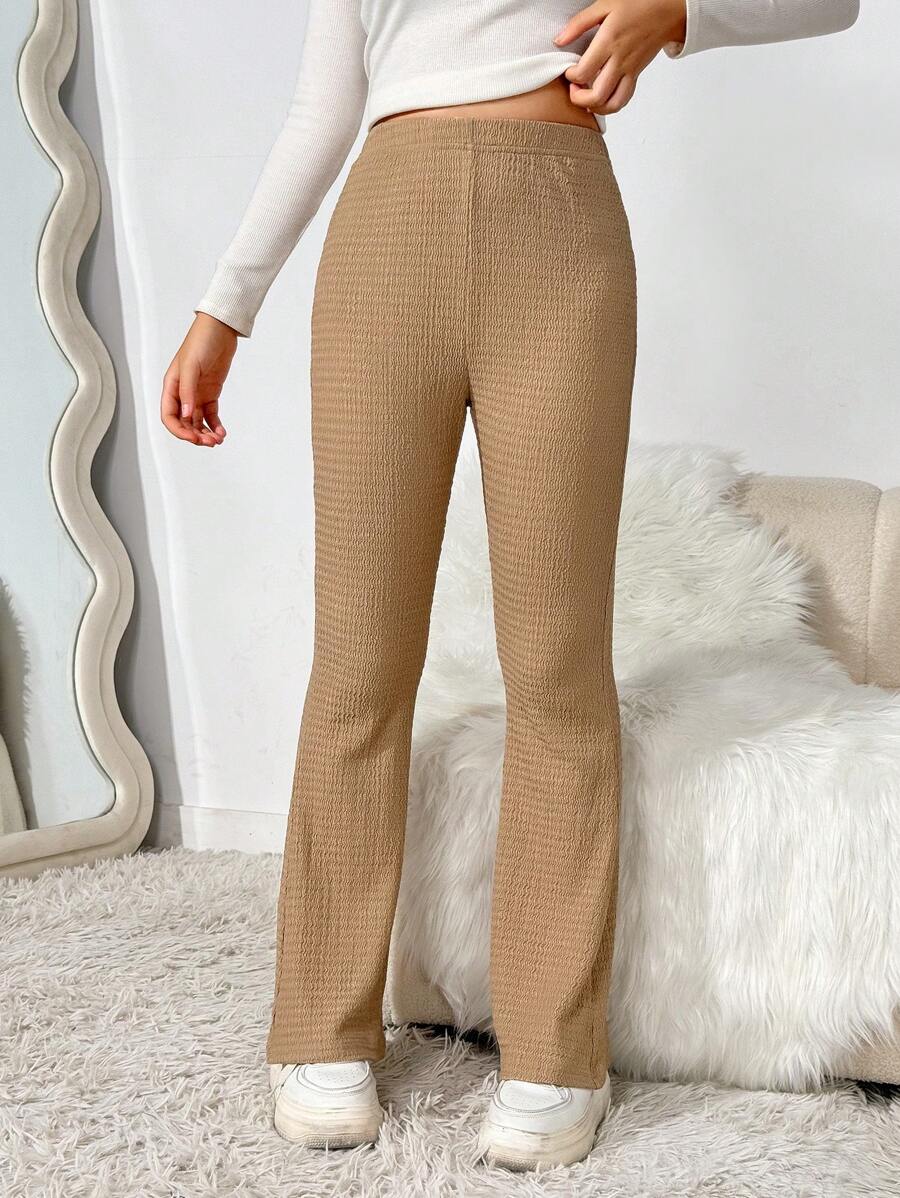 Teen Girl Brown Striated Textured Flare Pants, Spring Autumn - Brown - View 1