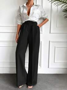EURMUSE Solid Slant Pocket Wide Leg Suit Pants - Black - View 4