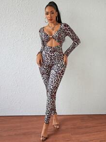 Zolique Combinaison longue femme avec boucle décorative ajourée, imprimé léopard sexy - Tabac - Voir 6