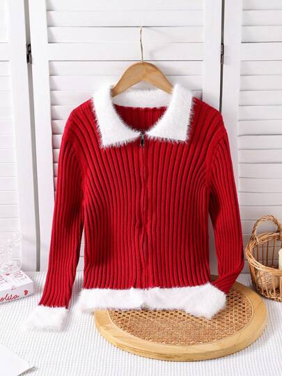 Teen Girls Colorblock Christmas Cardigan Sweater, Contrast Color Long Sleeve Fluffy Knitted Open Sweater
