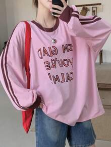 DAZY 女士撞色圆领印花长袖 T 恤 - 粉色 - 查看 5