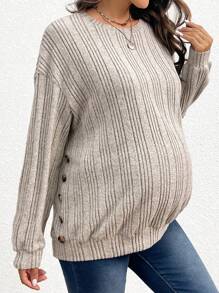 SHEIN Maternity Button Detail Drop Shoulder Sweatshirt, For Winter - Khaki - View 3