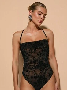 SHEIN BAE Sweet Holiday Date Mesh All-Over Floral Print Flocked Spaghetti Straps Neckline Draped Women's Bodysuit ,Club Women Outfits,Halloween Outfits - Black - View 3