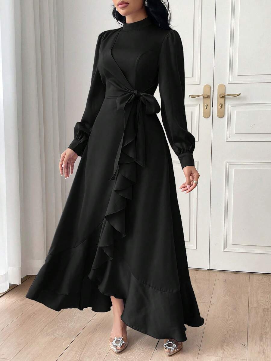 Modelyn Women Fashion Solid Color Belted Long Sleeve Dress,Elegant Evening Party Dress Long Evening Dresses - Black - View 1