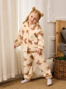 2 件装少女可爱米色毛绒小狗印花连帽长袖上衣和裤子舒适保暖加厚睡衣套装