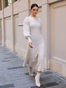 EURMUSE Women Baloon Sleeve And A-Lline Hem Detailed Maxi Sweater Dress - Beige - View 7