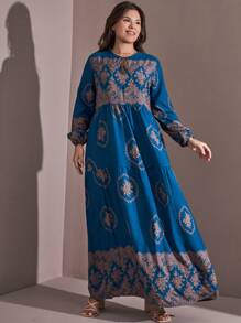 RueChic Plus Size Retro Print Lace-Up Long Sleeve Dress With Ruffled Hem, Elegant, Fashionable And Gentle - Blue - View 3