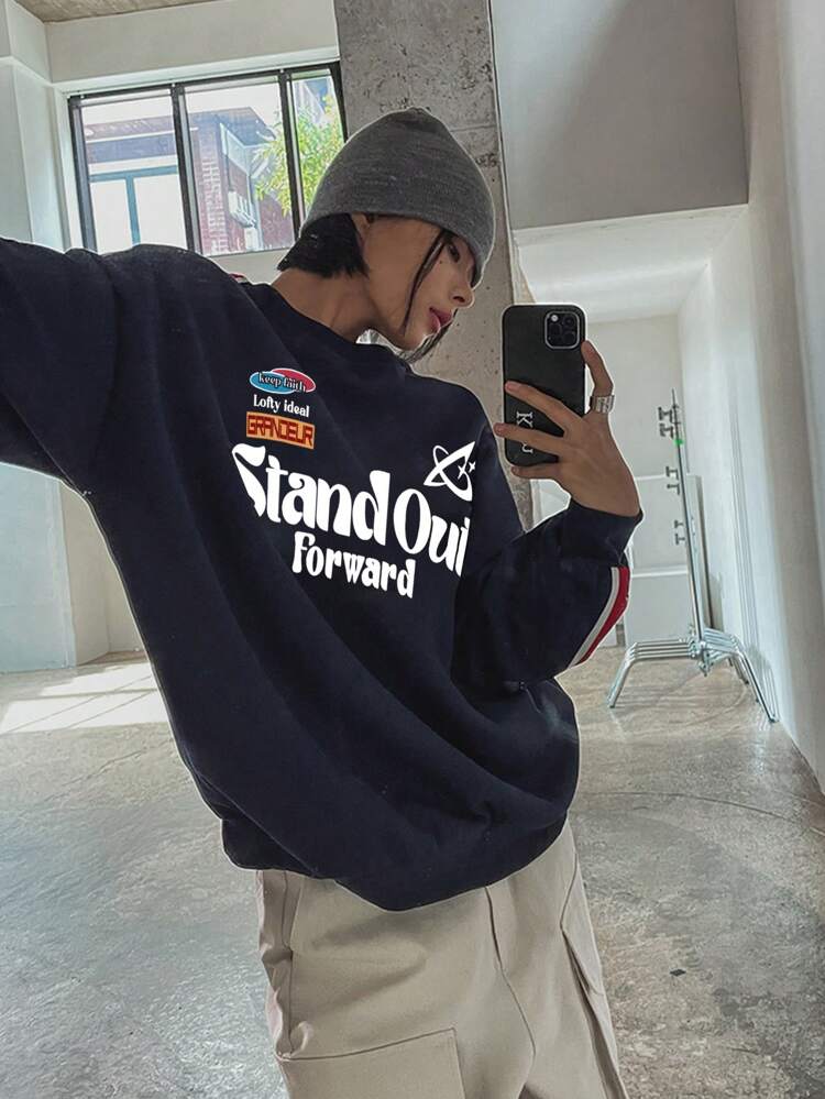 Women's Oversized Letter Print Patchwork Ribbons Sweatshirt,Fall Clothes