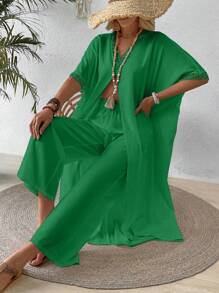 SHEIN LUNE 2 piezas/set Camisa y pantalones sueltos casuales con cuello en V y parche de encaje - Verde - Ver 7