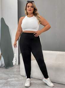 SHEIN CURVE+ 大码夏季休闲拼布弹力紧身裤，适合运动和日常穿着 - 黑色 - 查看 9