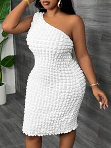 Slaydiva Plus Size Casual Asymmetric Shoulder Fitted Mini Dress, White Bubble Texture, Spring/Summer,Graduation Dress - White - View 6