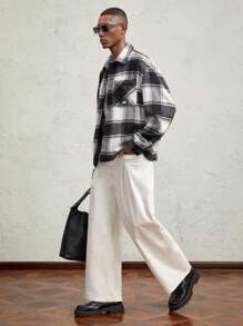 Business Casual Men's Woven Plaid Loose Casual Turndown Collar Jacket, For Fall Winter - Black and White - View 4