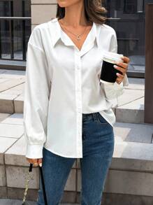 EMERY ROSE Camisa informal de mujer de manga larga con botones delanteros y decoración de anillo circular en la espalda, blusas de manga larga - Blanco - Ver 6