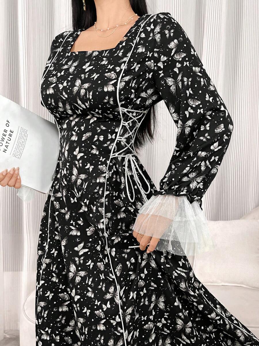 Modelyn Đầm lưới dài tay họa tiết bướm cho nữ Maxi Outfit - màu đen - Xem 1