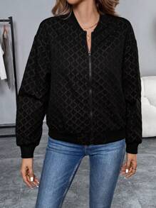 SHEIN LUNE Autumn Long Sleeve Rhombus Pattern Baseball Jacket - Black - View 6