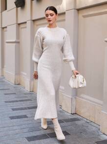 EURMUSE Women Baloon Sleeve And A-Lline Hem Detailed Maxi Sweater Dress - Beige - View 6