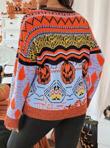 Calvaya Halloween Plus Size Women Winter V-Neck Long Sleeve Pumpkin Head Knitted Sweater, Fall Top Autumn - Multicolor - View 2