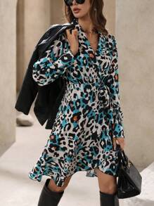 Aveloria French Elegant Floral And Leopard Print Wrap Asymmetrical Hem Midi Dress With Cinched Waist, Long Sleeve