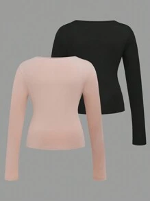 SHEIN LUNE Áo thun dài tay đơn giản màu trơn cỡ lớn cho nữ - Nhiều màu - Xem 2